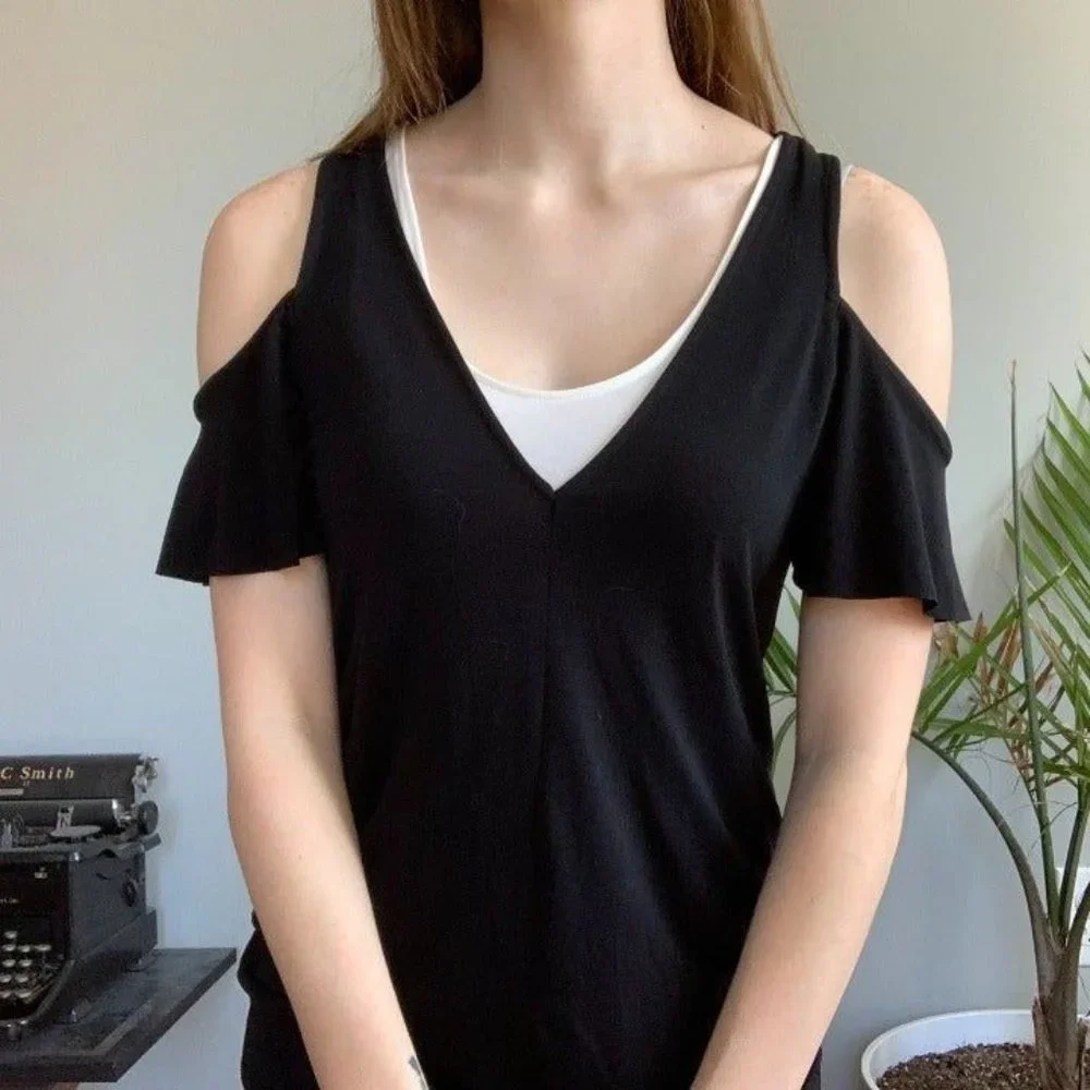 Zara slinky black and white midi cocktail workwear v-neck short sleeve dress - Picture 4 of 8